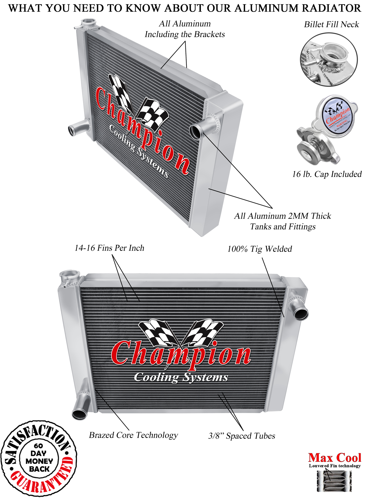 Aluminum Champion 18" Wide 3 Row Universal Series Radiator Ford Configuration