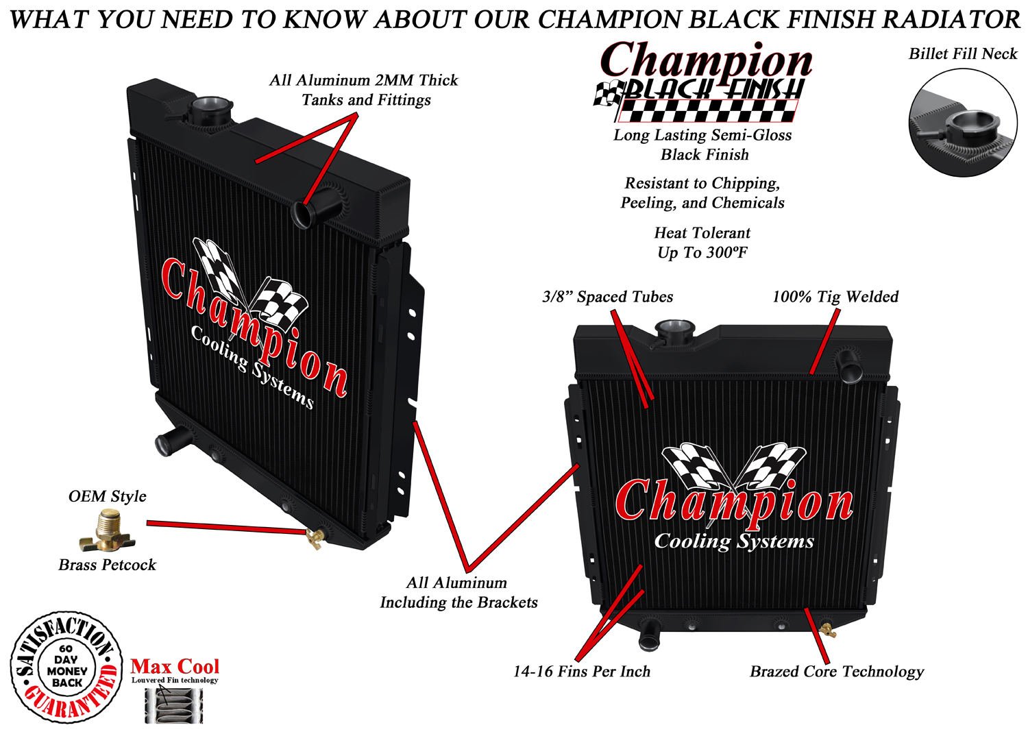 RS Champion 2 Row Black Finish Radiator for 1965 1966 Ford Mustang L6 Engine