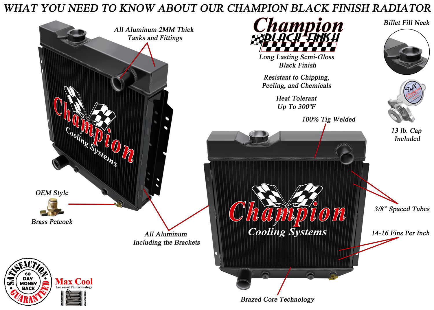 AR Champion 3 Row Black Finish Radiator-1960-1965 Ford Ranchero V8 Conversion