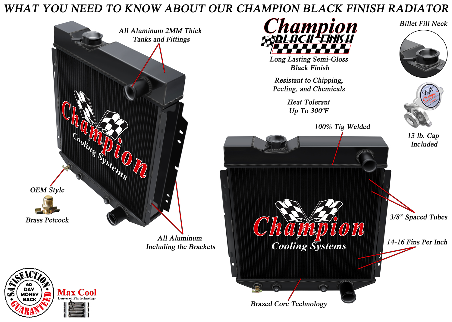 3 Row WR Champion Black Finish Radiator for 1964 65 1966 Ford Mustang V8 Engine