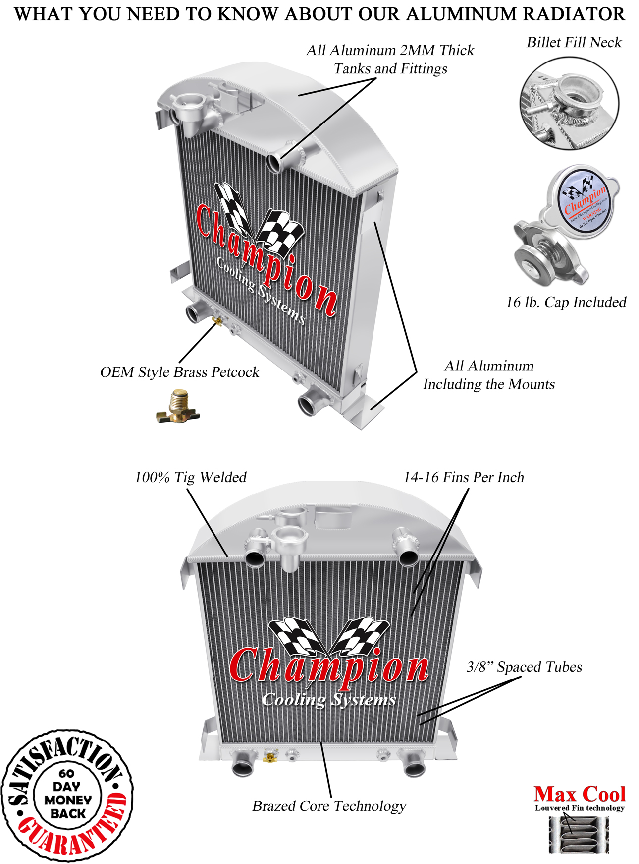 2 Row DR Champion Radiator for 1928 1929 Ford Model A Flathead V8 Conversion