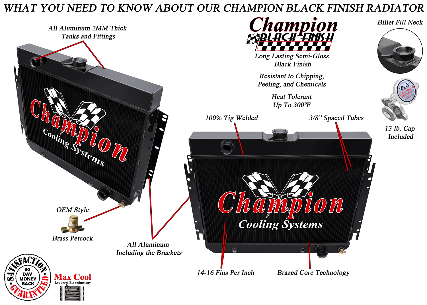3 Row QR Champion Black Finish Radiator for 1964 - 1967 Chevy Chevelle V8 Eng