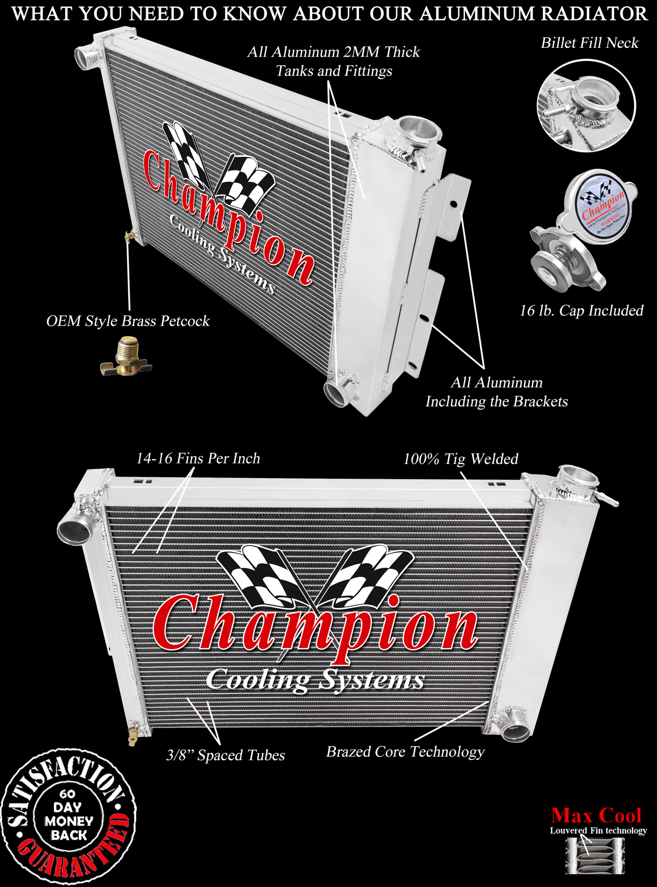 RN Champion 3 Row Radiator-1967-1969 Chevrolet Camaro Small Block (Manual Trans)