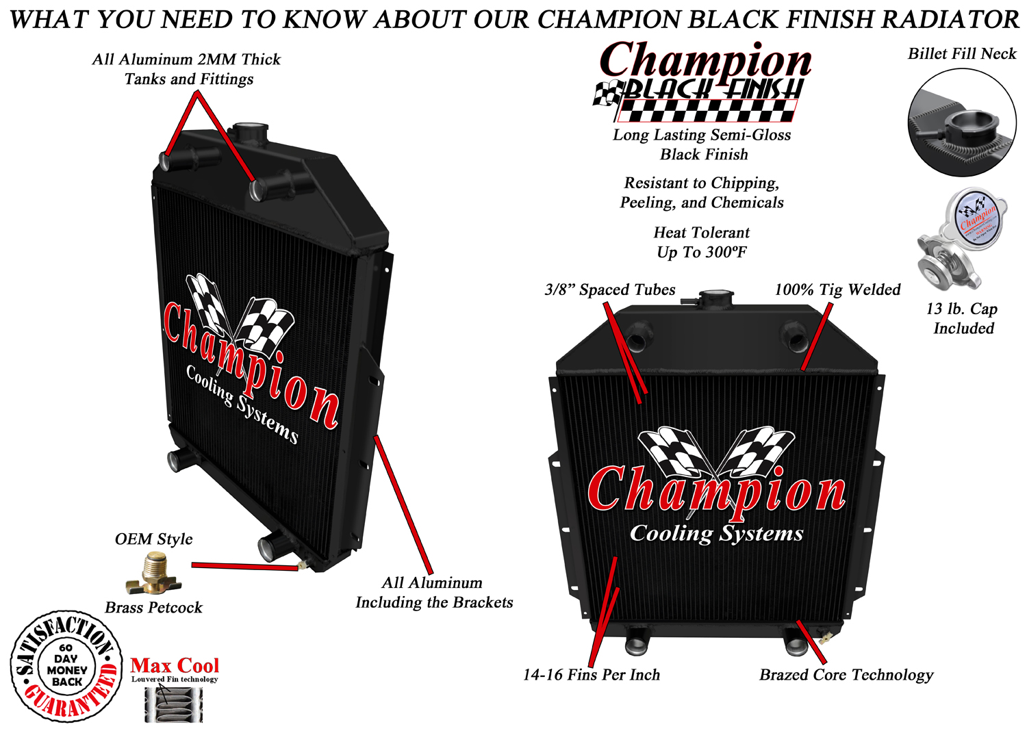 RN Champion 3 Row Black Finish Radiator Flathead Config for 1942-1952 Ford Truck