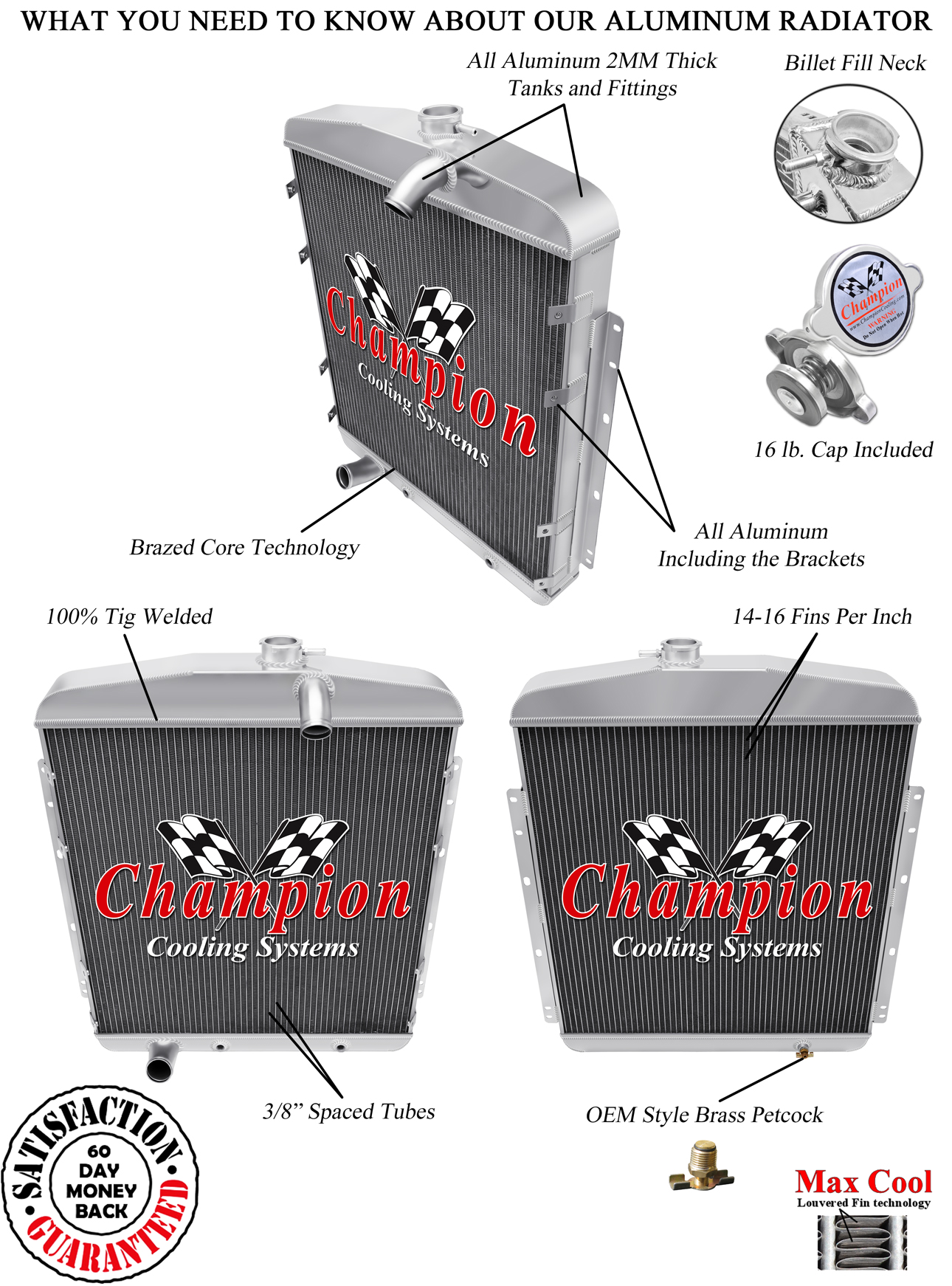 2 Row 1/" Tubes Western Champion Radiator for 1955 1956 1957 Chevrolet Cars
