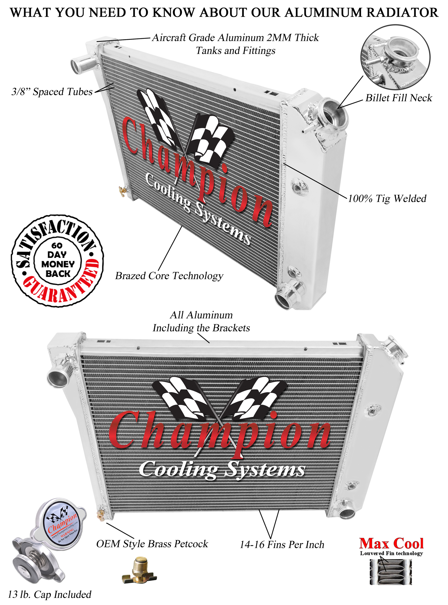 Champion Racing 3 Row Aluminum Radiator For 1964 - 88 Chevy/Buick Cars
