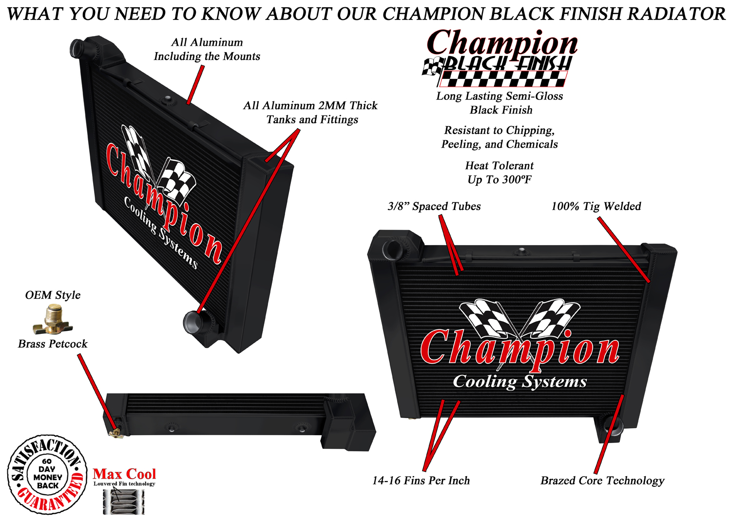 RN Champion 3 Row Black Finish Radiator for 1961 1962 Chevrolet Corvette V8 Eng