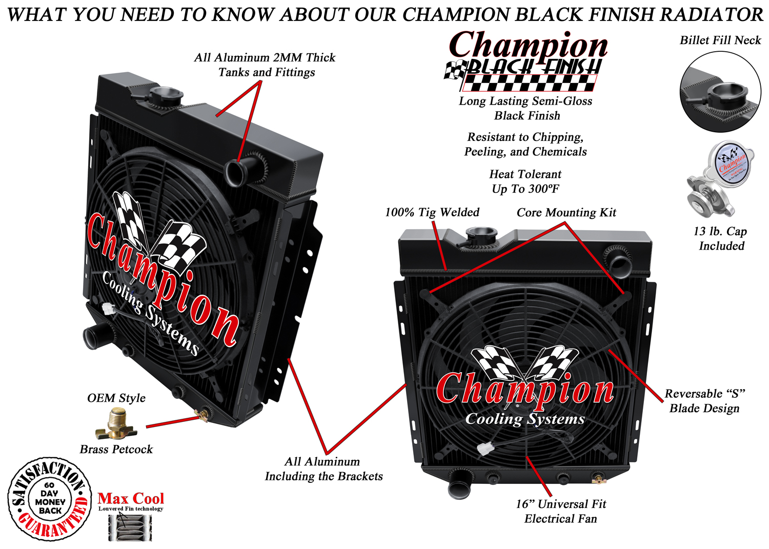 3 Row DR Champion Black Finish Radiator, 16" Fan for 1964 - 1966 Mustang V8 Swap