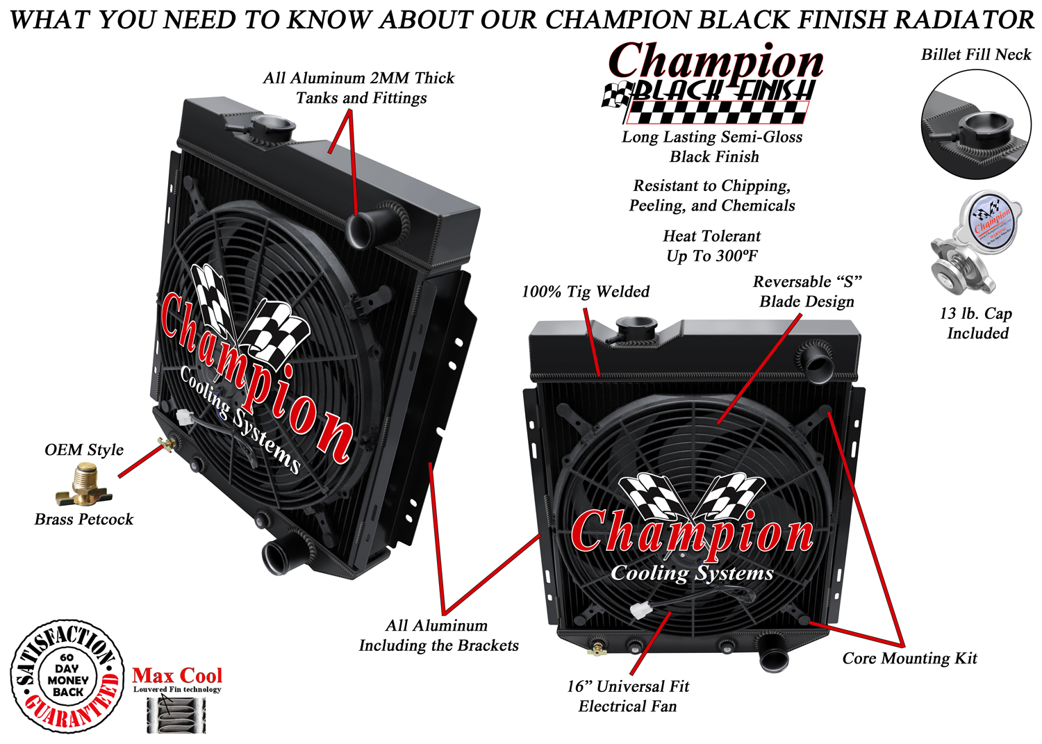 RS Champion 3 Row Black Finish Radiator, 16" Fan for 1964 - 1966 Mustang V8 Eng