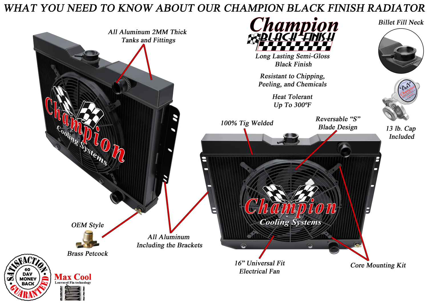 3 Row AL Champion Black Finish Radiator,16" Fan-1959-1960,1964-1965 El Camino