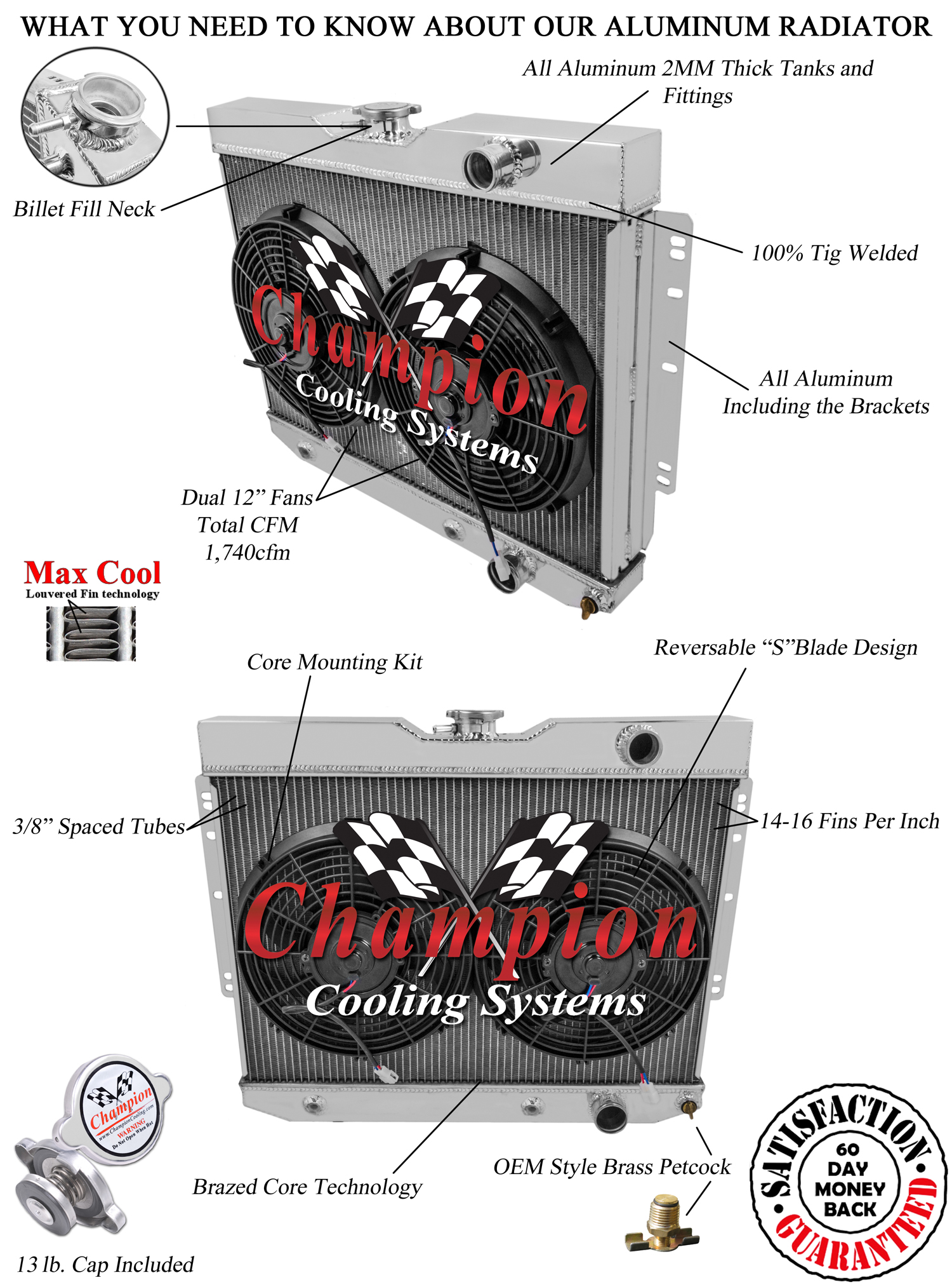 1960 - 65 Chevy Biscayne 2 Row Champion DR Radiator 2 x 12" Fan Combo