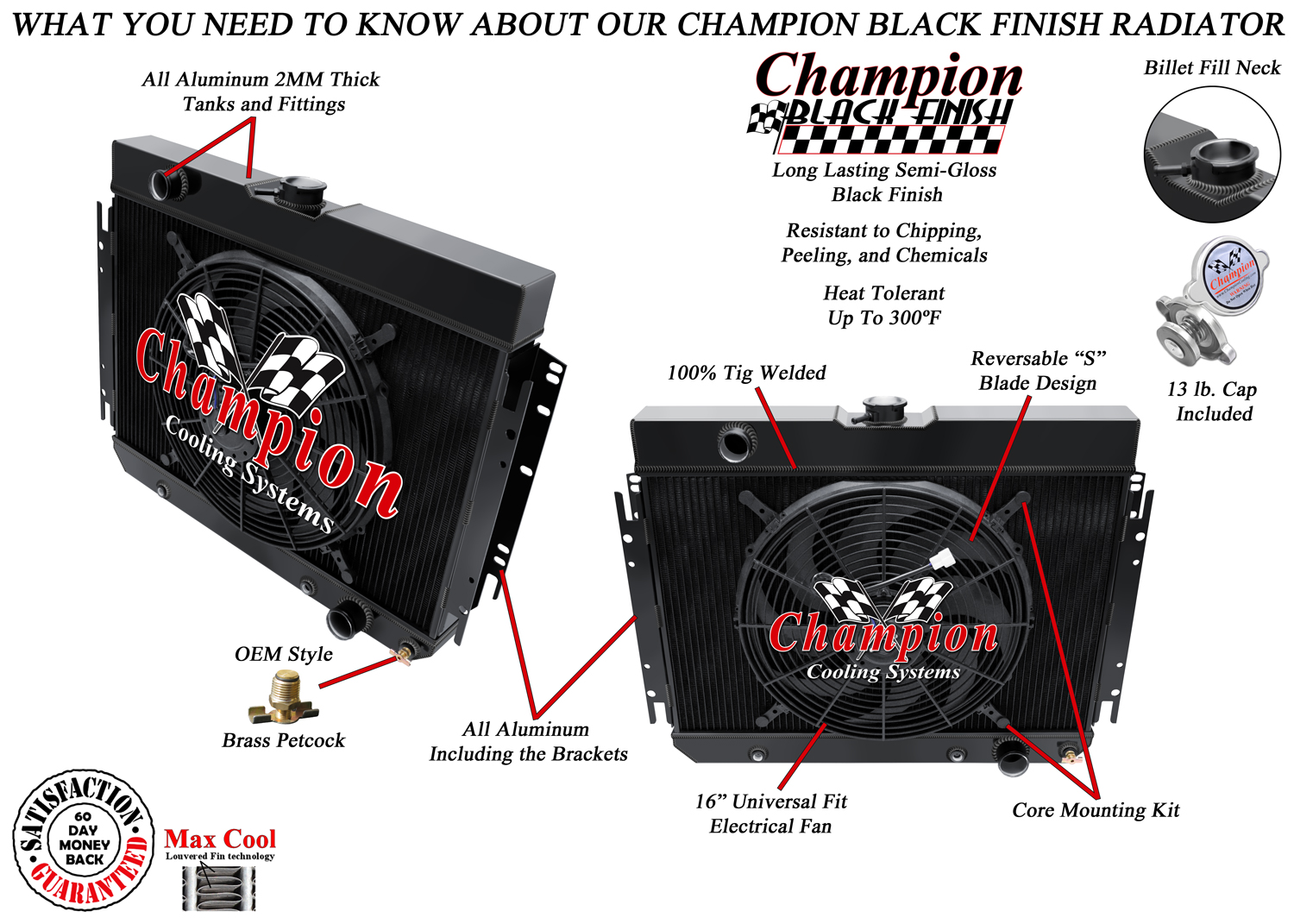 SR Champion 3 Row Black Finish Radiator,16" Fan for 1966-1968 Chevrolet Caprice