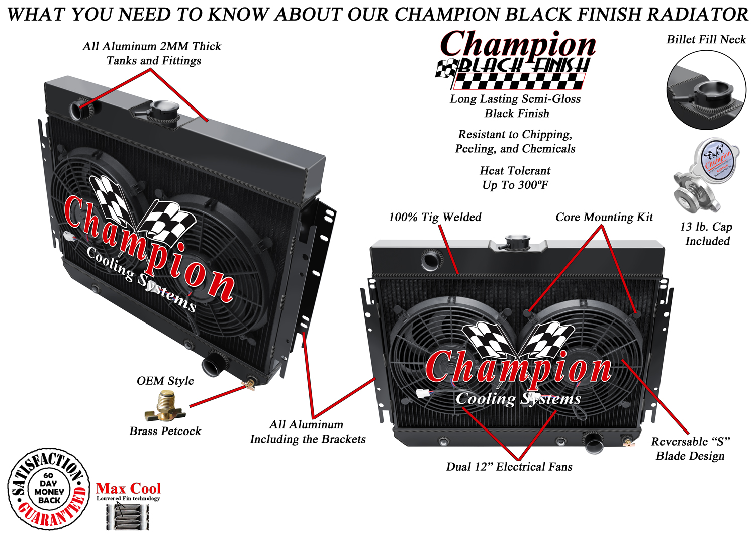 RN Champion 3 Row Black Finish Radiator,12" Fans for 1963-1968 Chevrolet Impala