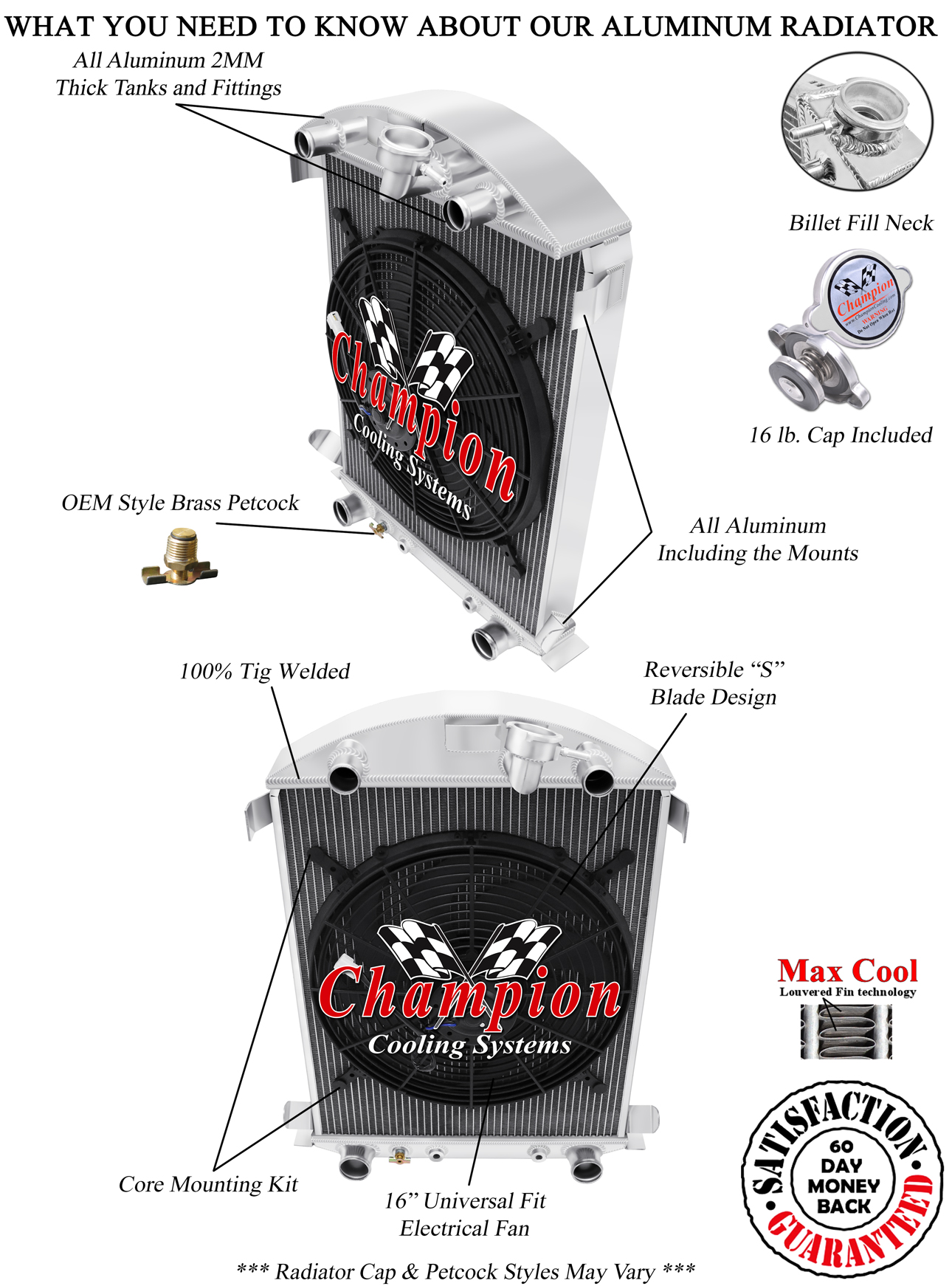 Cold 3 Row Radiator Flathead Config,16" Fan for 1930 1931 Ford Model A V8 Conv