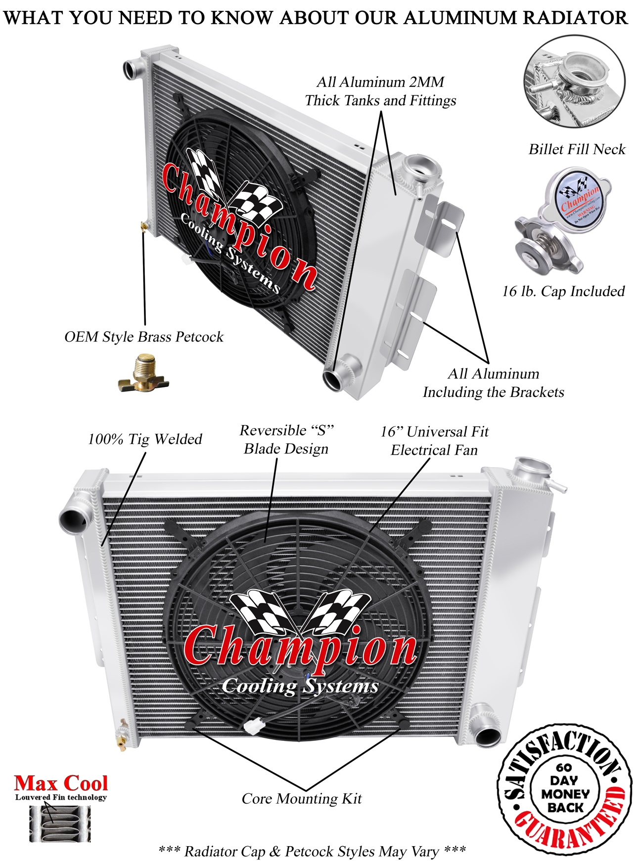 JR Champion 3 Row Radiator,16" Fan-1967-1969 Trans Am Small Block (Manual Trans)