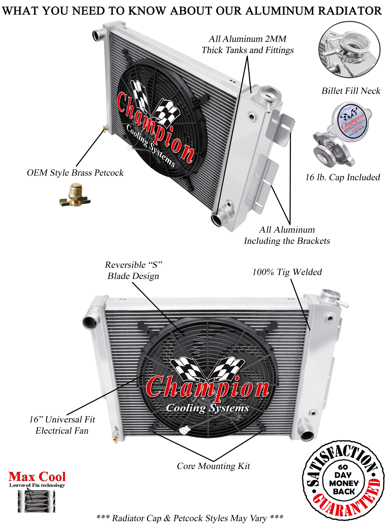 Cold Champion 3 Row Radiator W/ 16" Fan for 1967 - 1969 Chevy Camaro Small Block