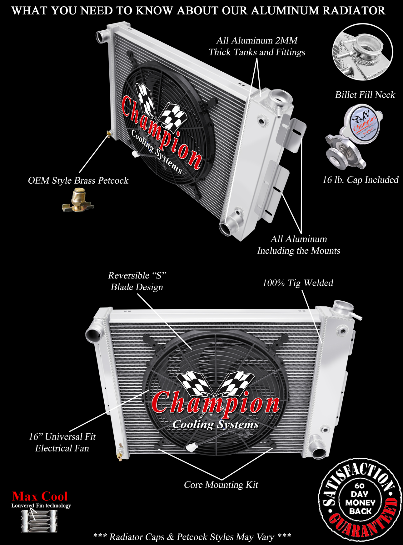 QR Champion 3 Row Radiator W/ 16" Fan for 1967 - 1969 Chevy Camaro Small Block