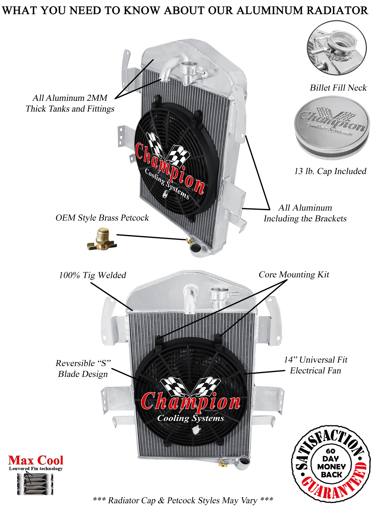 Kool Champion 3 Row All Aluminum Radiator W/ 14" Fan for 1934 Chevrolet Standard