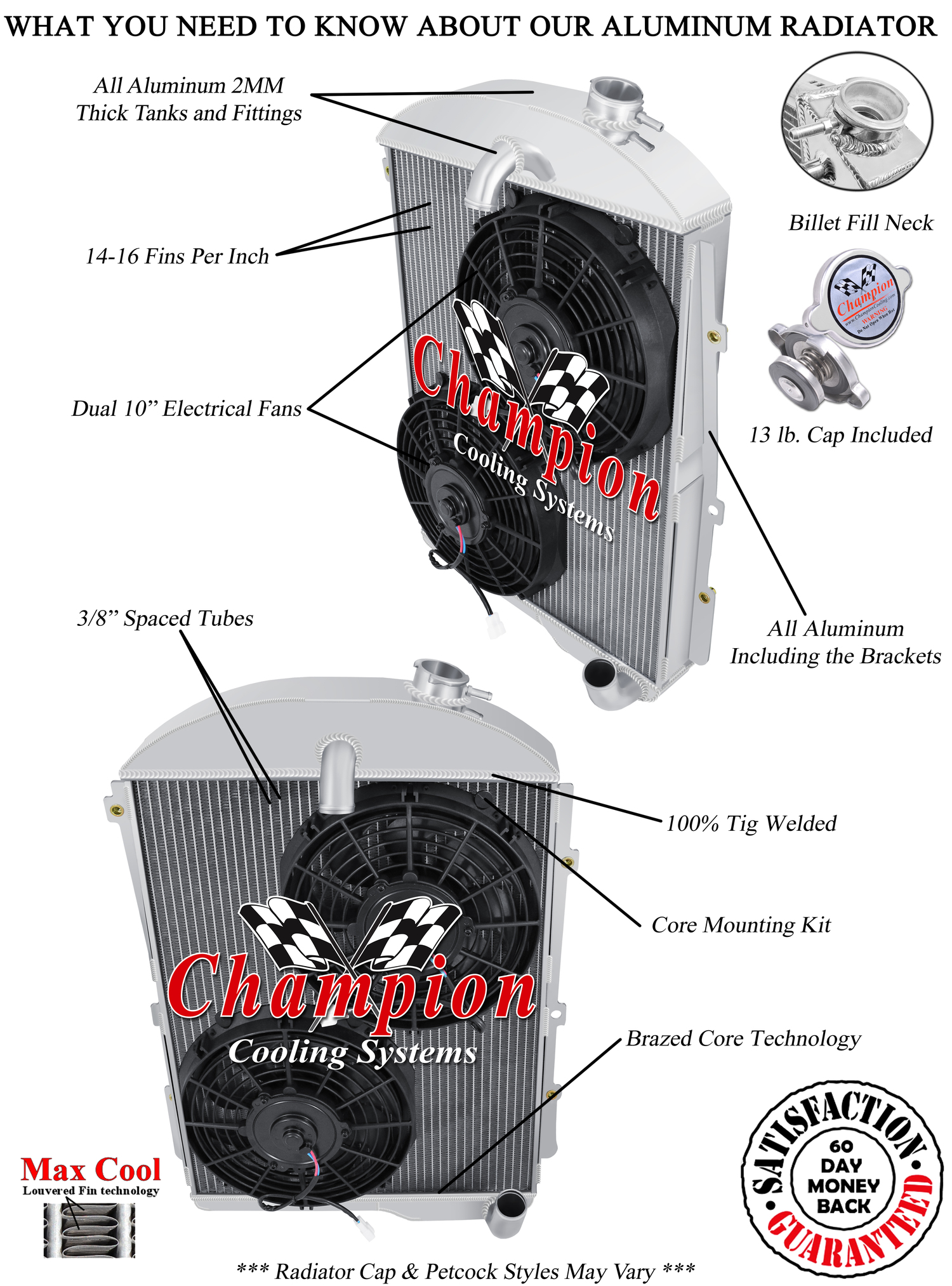 SR Champion 3 Row All Aluminum Radiator W/ 2 10" Fans for 1938 Chevrolet Master