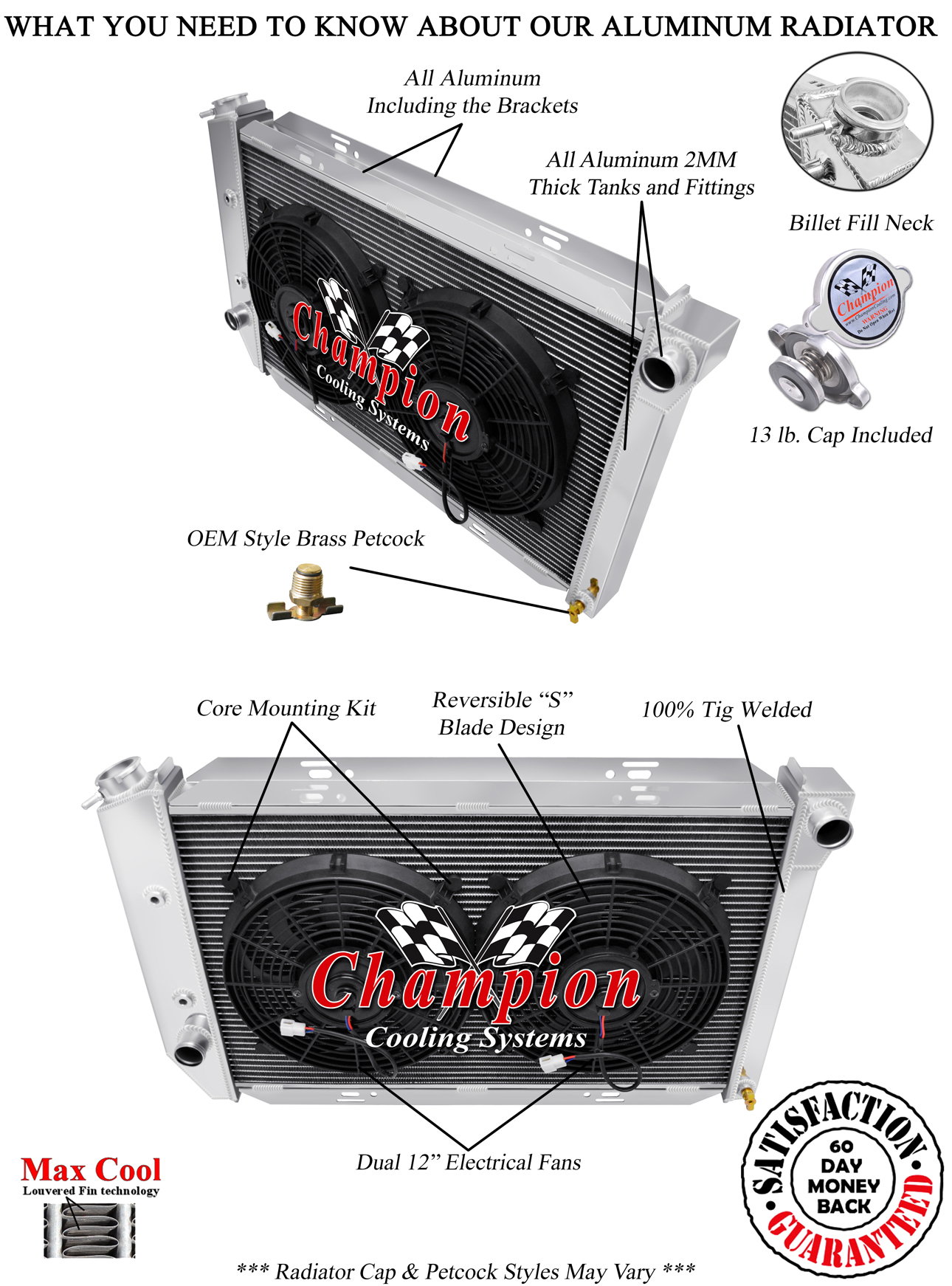 Cold Champion 3 Row Radiator W/ 2 12" Fans for 1971 - 1973 Ford Mustang V8 Eng