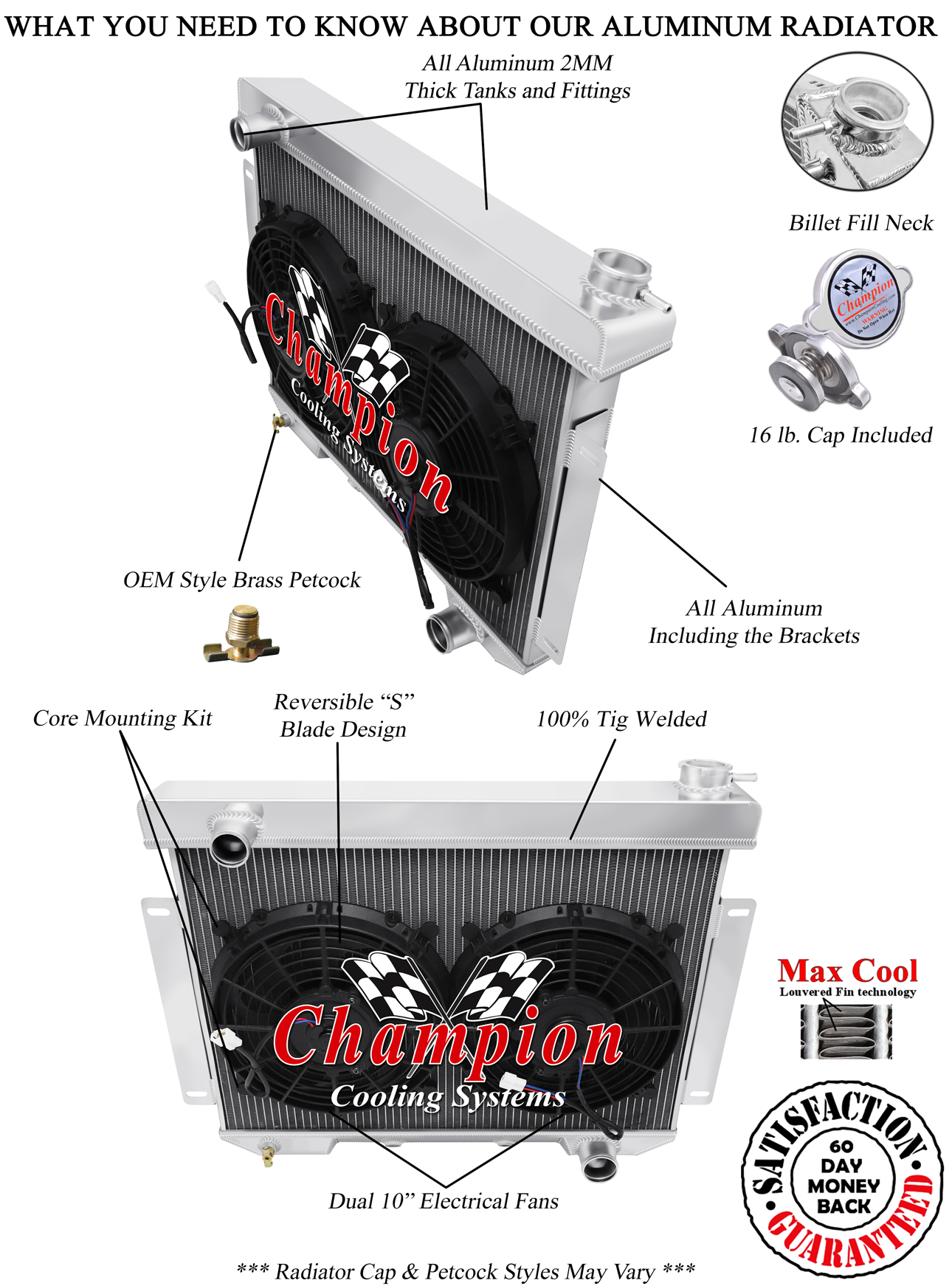 SR Champion 3 Row Radiator W/ 12" Fans for 1957 - 1959 Ford Custom 300 L6 Engine