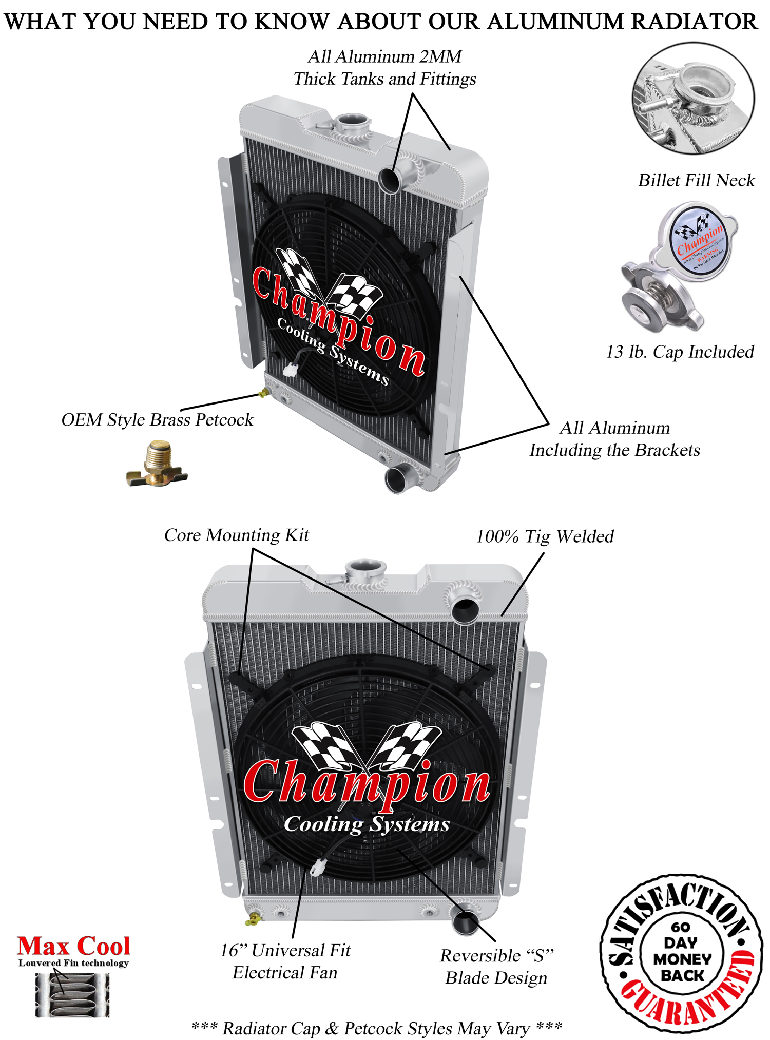 SR Champion 3 Row Radiator Lower Passenger,16" Fan for 1961-1967 Ford Econoline