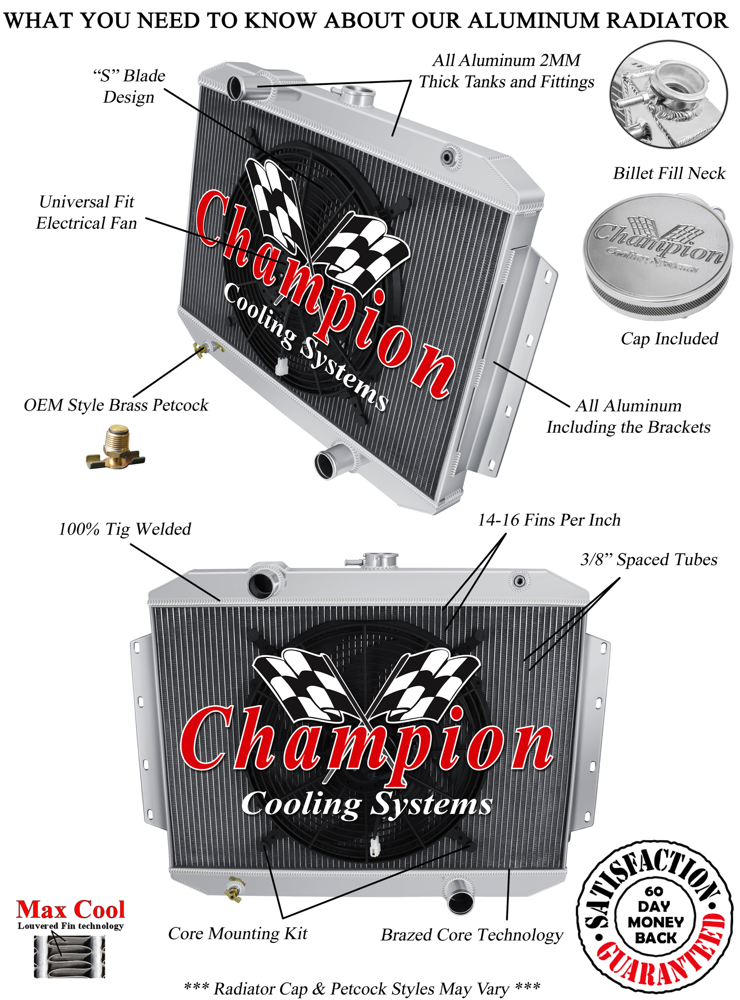 SR Champion 3 Row Radiator, 16" Fan for 1963 1964 International C1200 L6 Engine