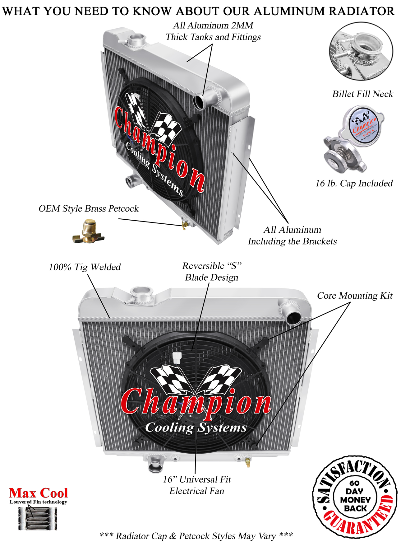 RS Champion 4 Row Radiator W/ 16" Fan for 1966 Mercury Cyclone V8 Engine #MC65GL