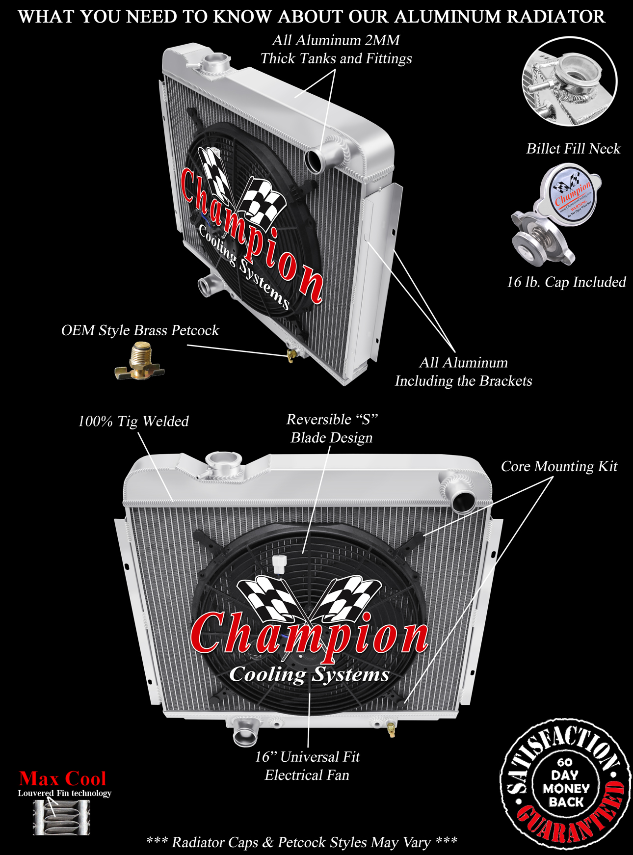 RN Champion 3 Row Radiator W/ 16" Fan for 1966 Mercury Cyclone V8 Engine #CC65GL