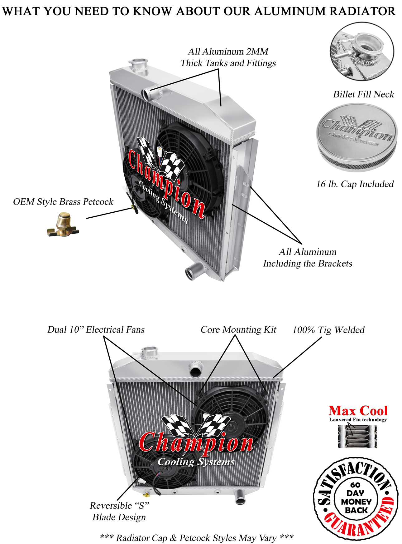 DR Champion 3 Row Radiator Chevy Config W/ 2 10" Fans for 1953 - 1956 Ford Truck