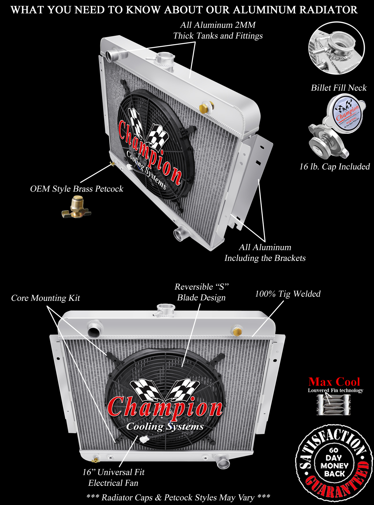 RN Champion 3 Row Radiator, 16" Fan for 1974 - 1978 Plymouth PB200 Van V8 Engine