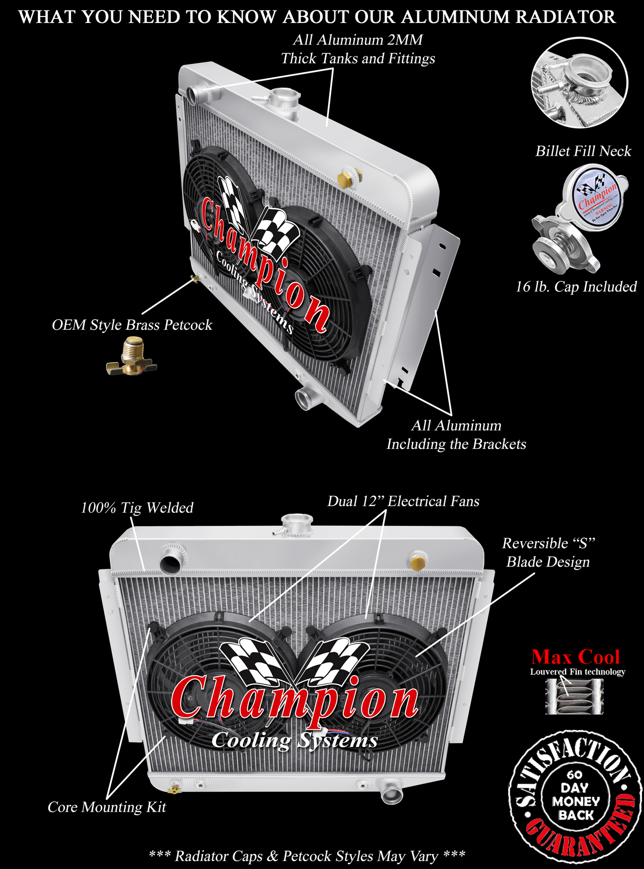 RN Champion 3 Row Radiator,12" Fans for 1974 - 1978 Plymouth PB200 Van V8 Engine