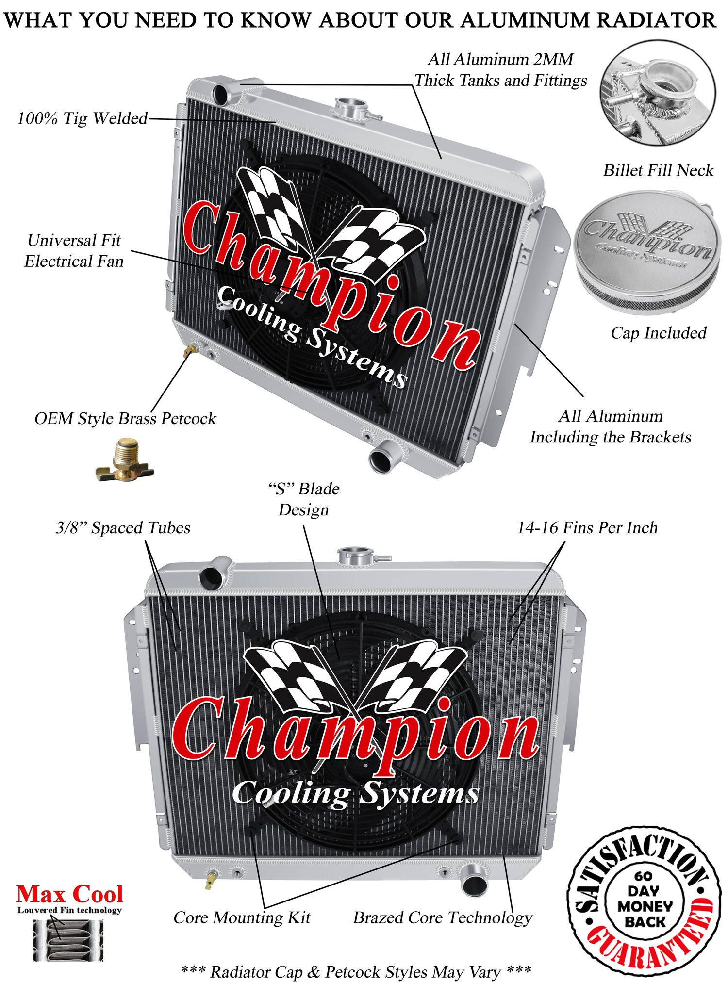 AL Champion 3 Row All Aluminum Radiator W/ 16" Fan for 1979 - 1989 Dodge D100
