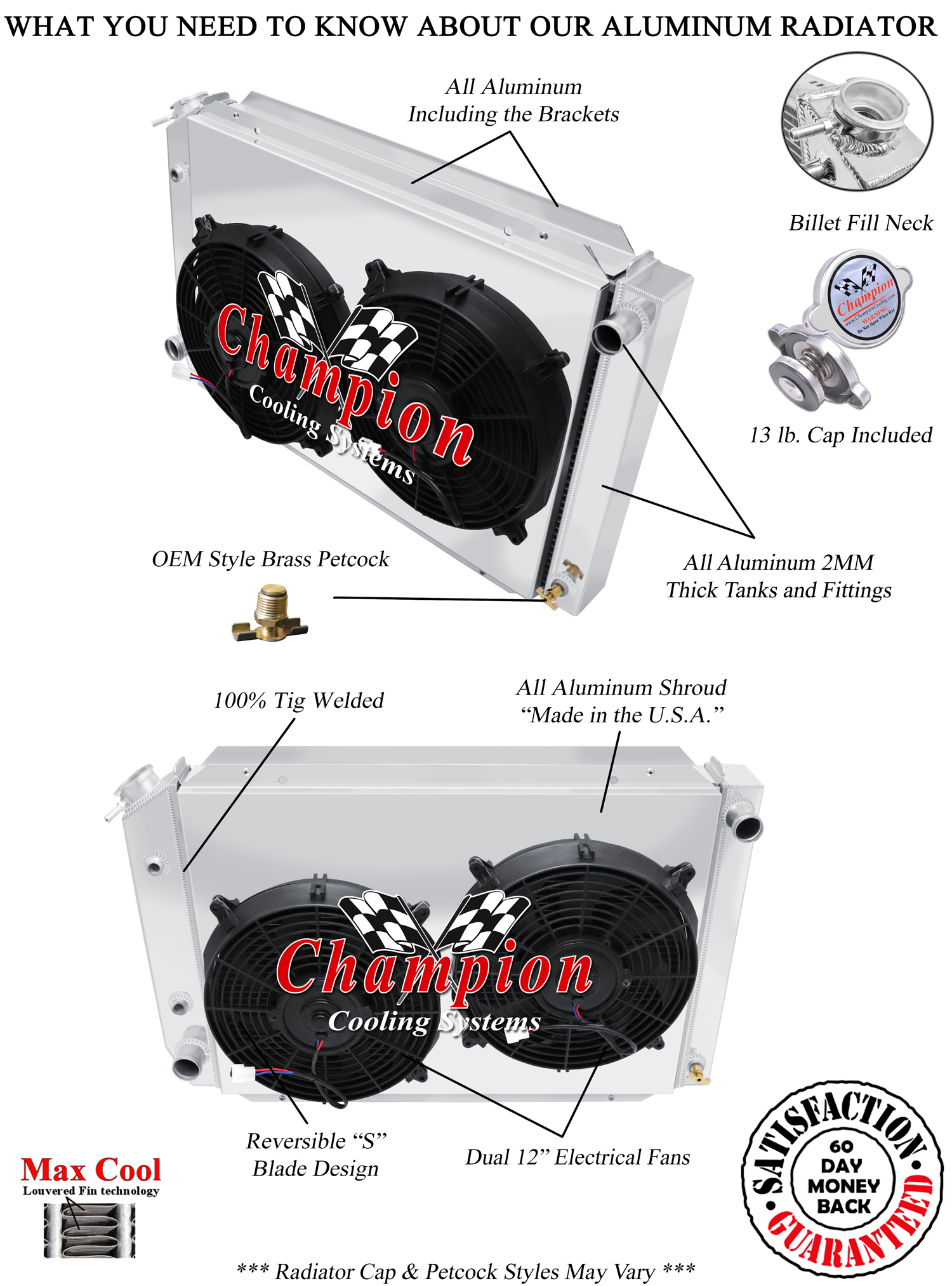 AL Champion 2 Row Radiator W/ 2 12" Fans and Shroud for 1979 - 1993 Ford Mustang
