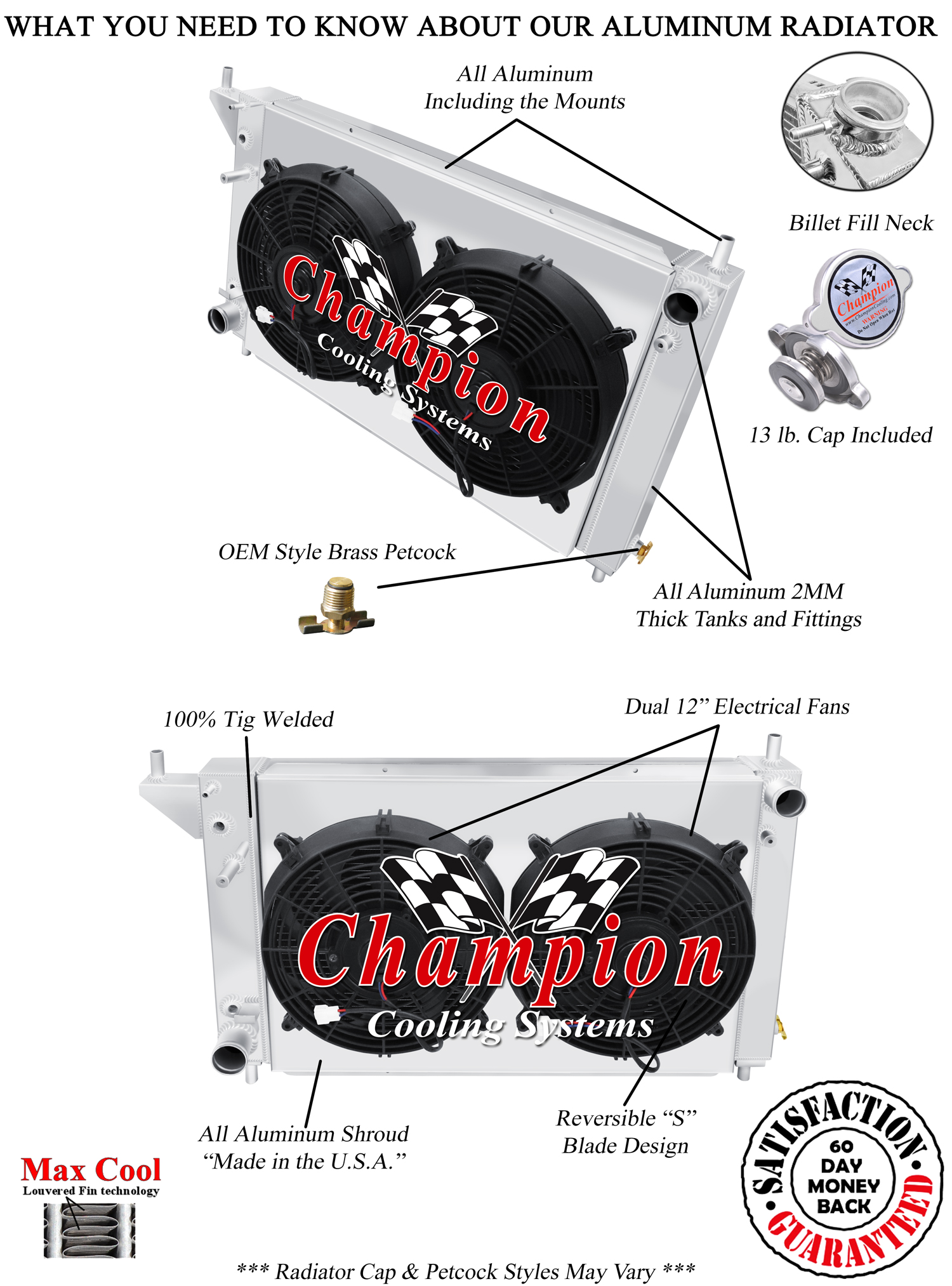 RN Champion 3 Row Radiator, 12" Fans and Shroud for 1996 Ford Mustang V8 Engine