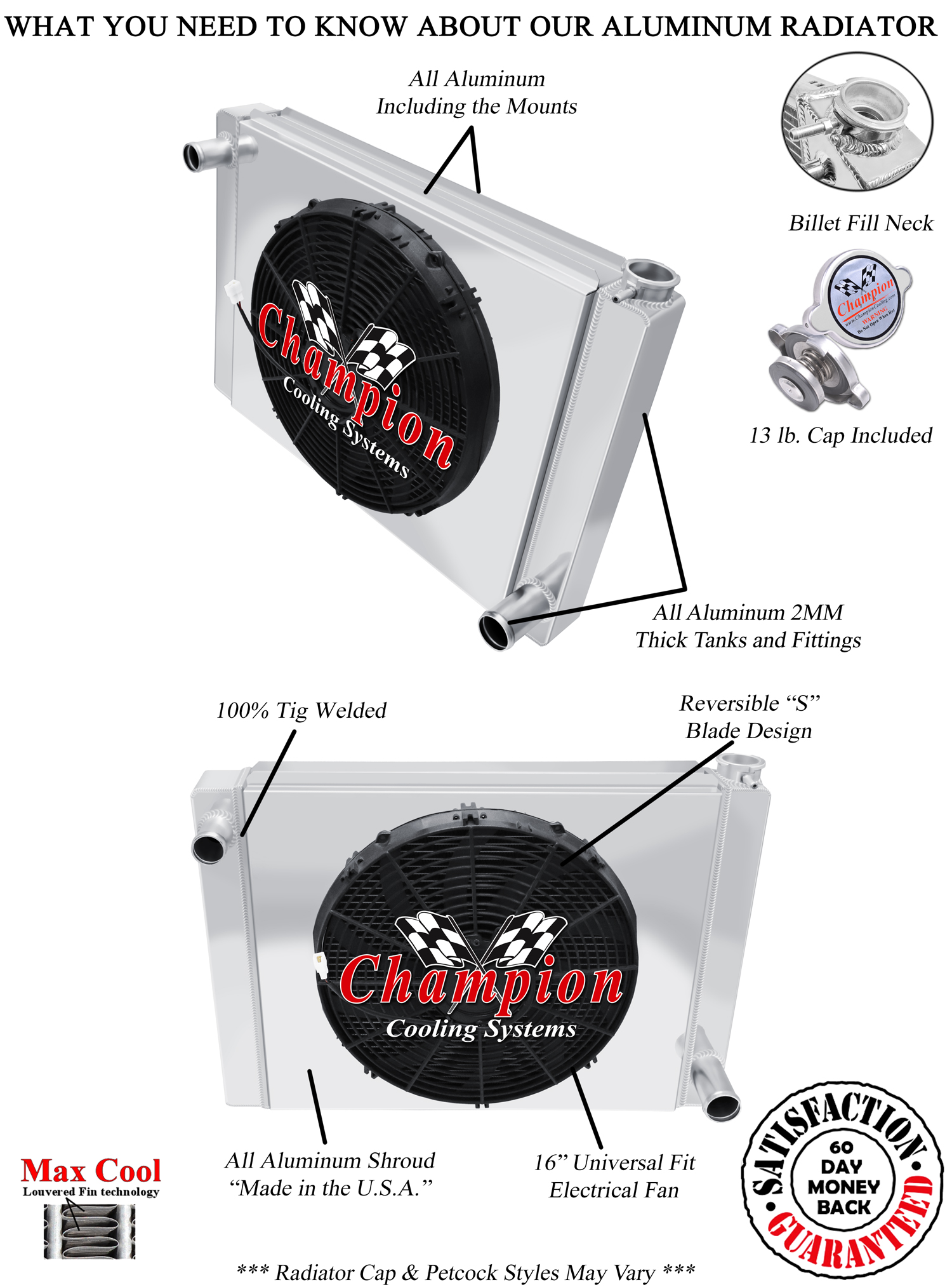 SR Champion 22" Wide 3 Row Universal Series Radiator Chevy Config,16" Fan,Shroud