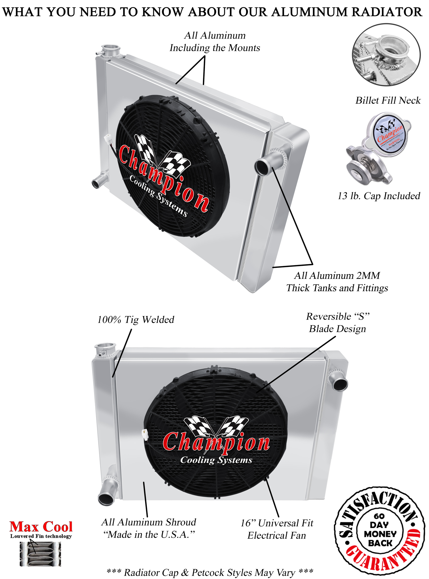 SR Champion 22" Wide 3 Row Universal Series Radiator Ford Config,16" Fan,Shroud