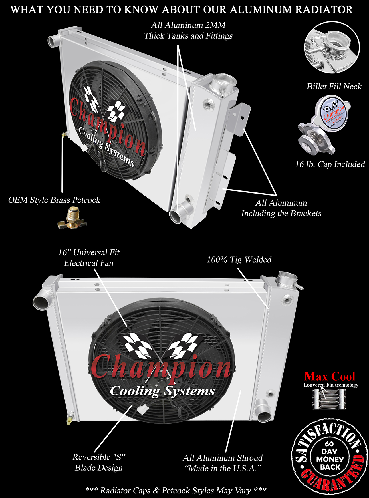 RN Champion 4 Row Radiator,16" Fan,Shroud-1967-1969 Chevrolet Camaro Small Block