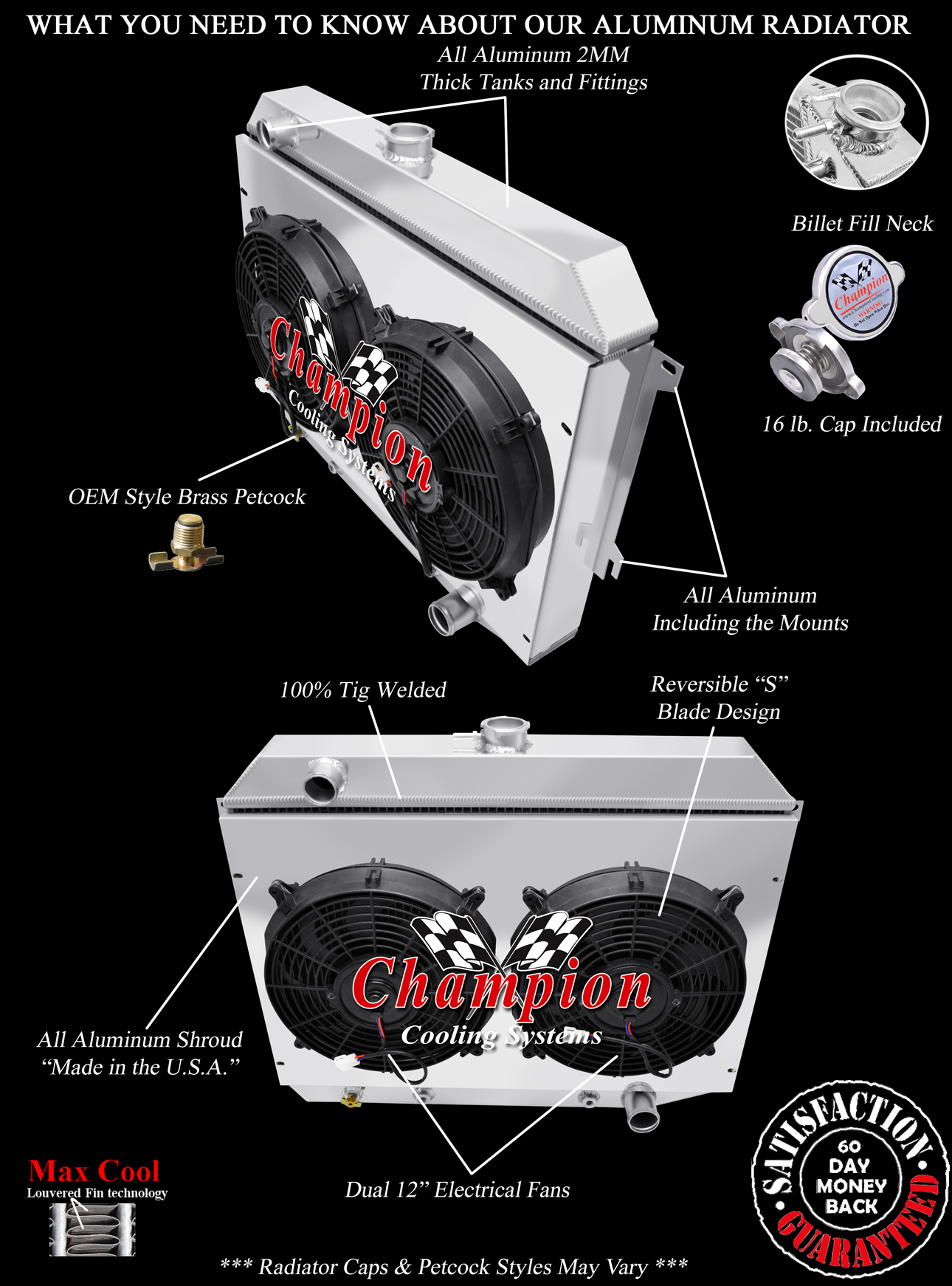 QR Champion 2 Row Radiator 26",2 12" Fans,Shroud - 1970 - 1974 Mopar Small Block