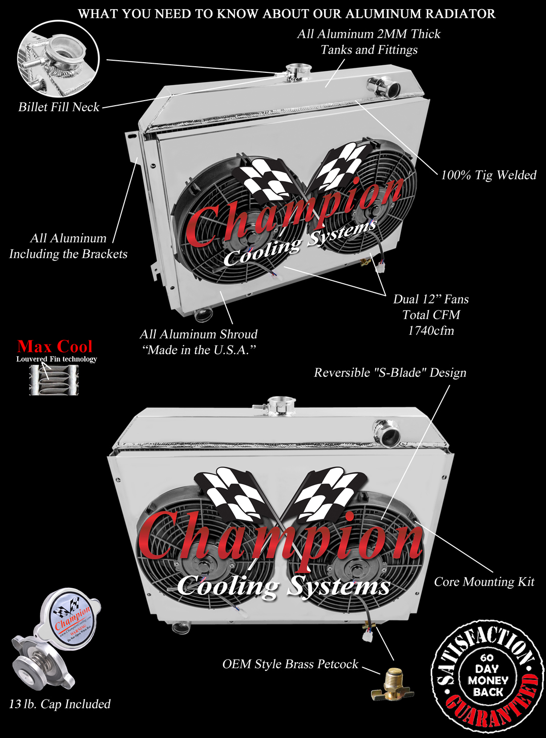 QR 2 Row Radiator 26",12" Fans,Shroud-1970-1973 Plymouth Barracuda Big Block