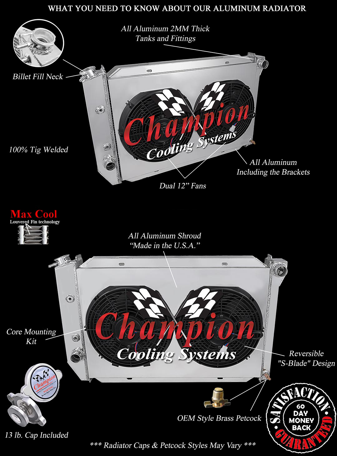 QR Champion 4 Row Radiator,12" Fans,Shroud - 1970 1971 Mercury Montego V8 Engine