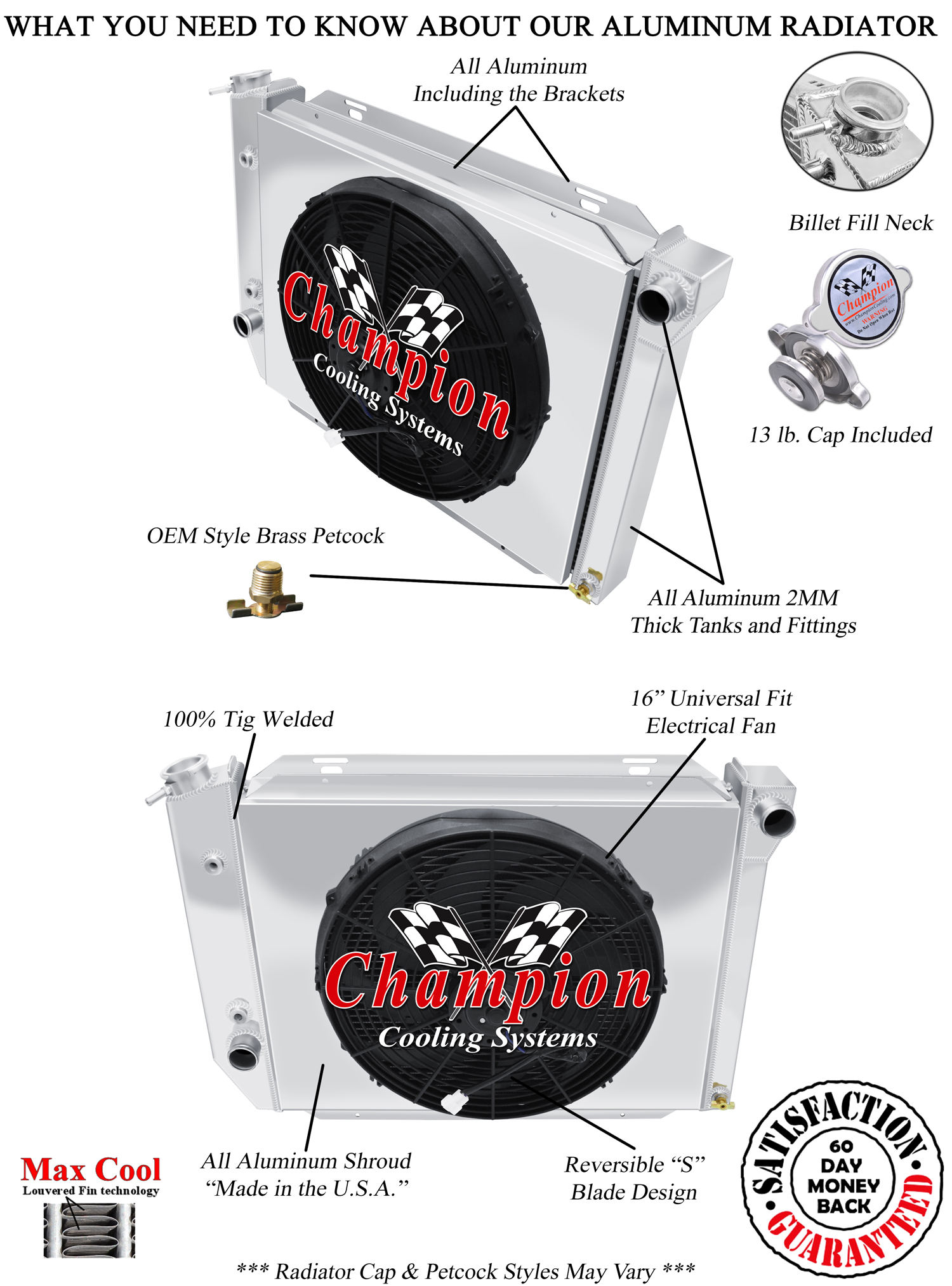 SR Champion 2 Row Radiator W/ 16" Fan and Shroud for 1967 1968 Ford Thunderbird