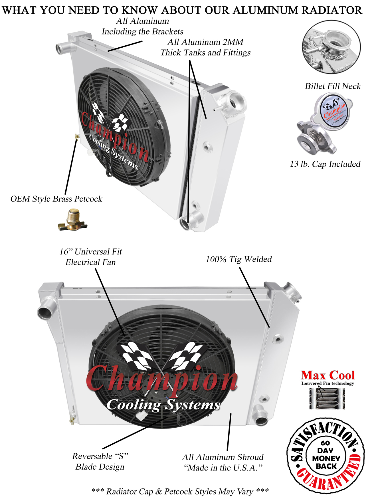 2 Row 1" DR Champion Radiator 20" Core, 16" Fan, Shroud for 1971 72 1973 Bel Air