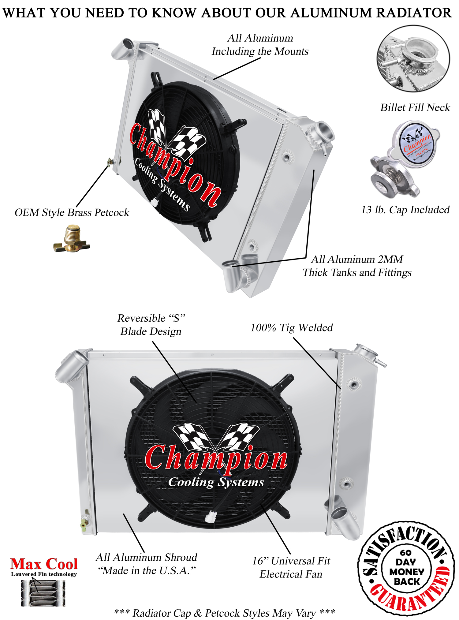 4 Row JR Champion Radiator W/ 16" Fan and Shroud for 1966 - 1968 Corvette V8 Eng