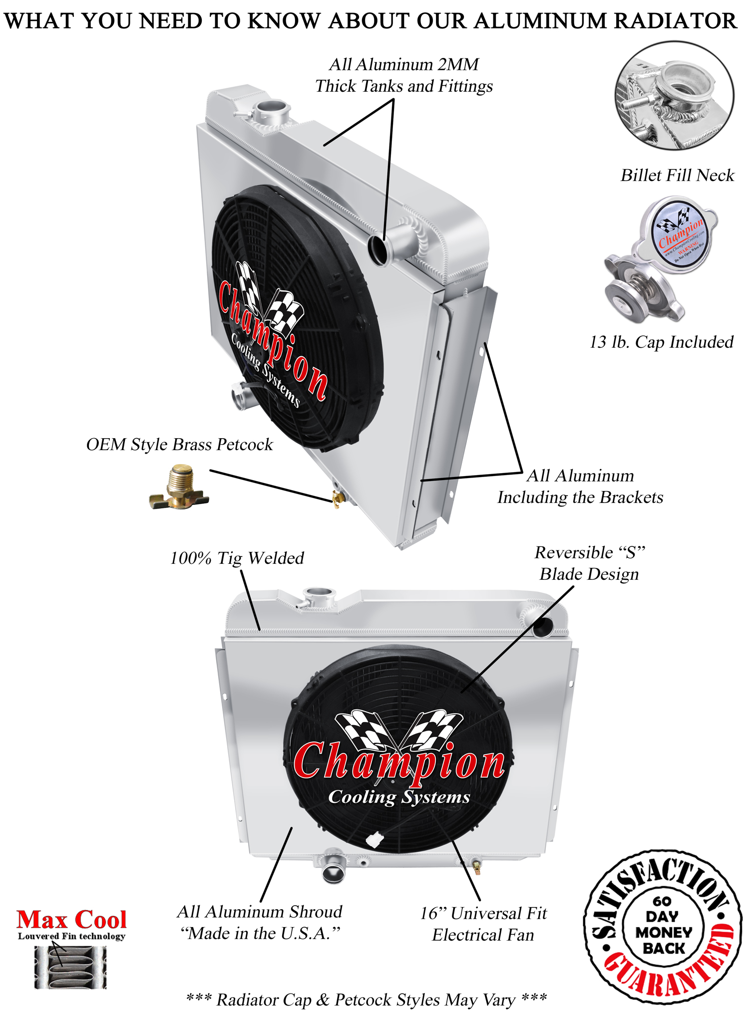 SR Champion 3 Row Radiator, 16" Fan, Shroud for 1965 1966 Ford Galaxie V8 Engine