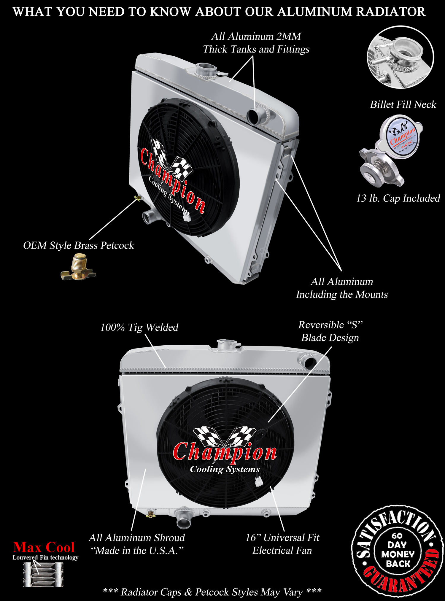 QR Champion 3 Row Radiator W/ 16" Fan and Shroud for 1967 Ford Galaxie V8 Engine