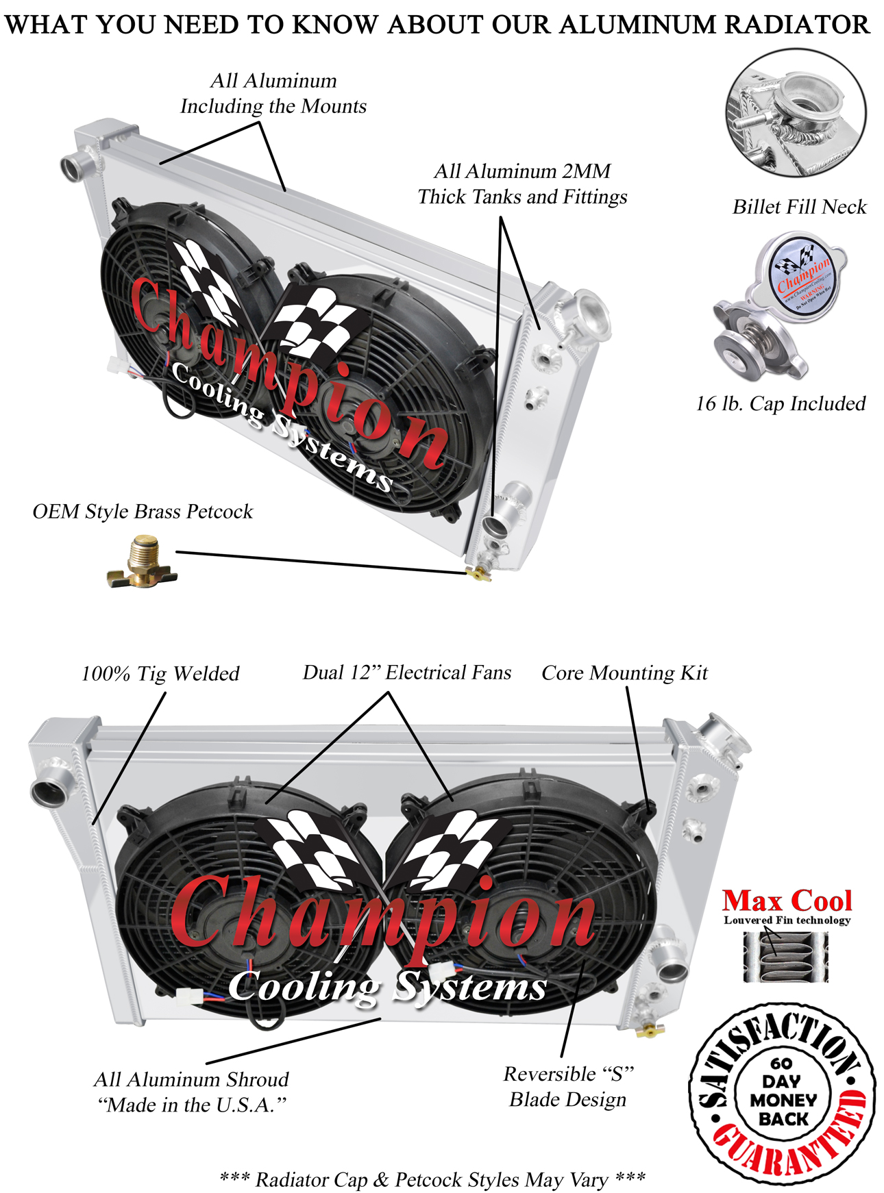 3 Row AAR Champion Radiator,2 12" Fans,Shroud-1984-1990 Corvette Small Block V8