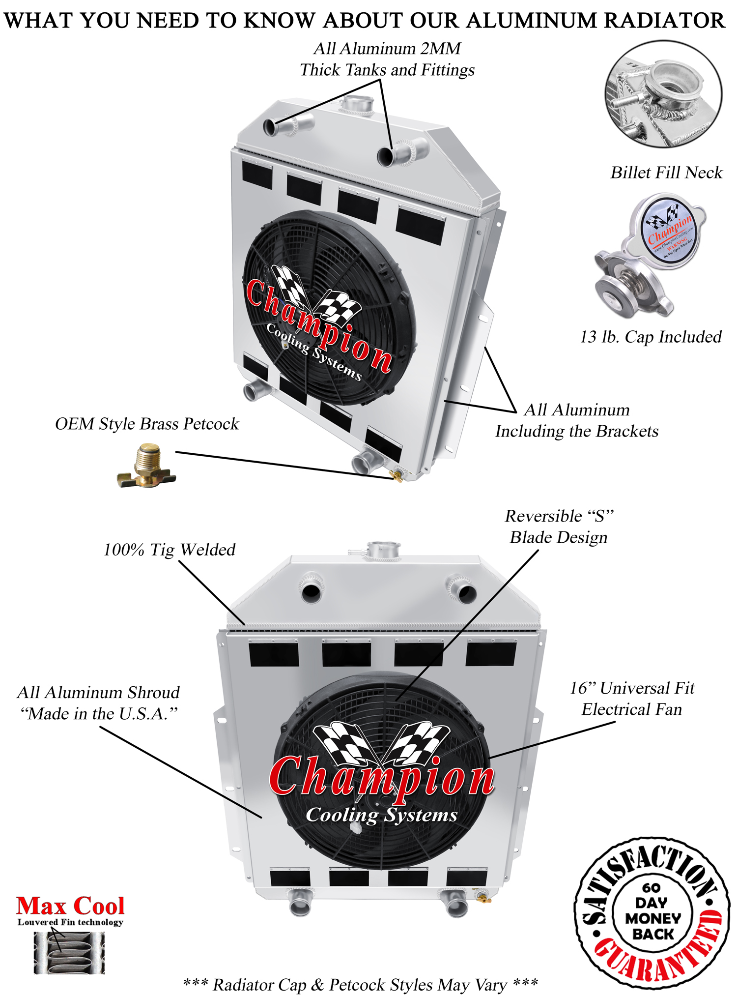 JR 3 Row Radiator Flathead Config,16" Fan,Shroud with Flaps-1942-1952 Ford Truck