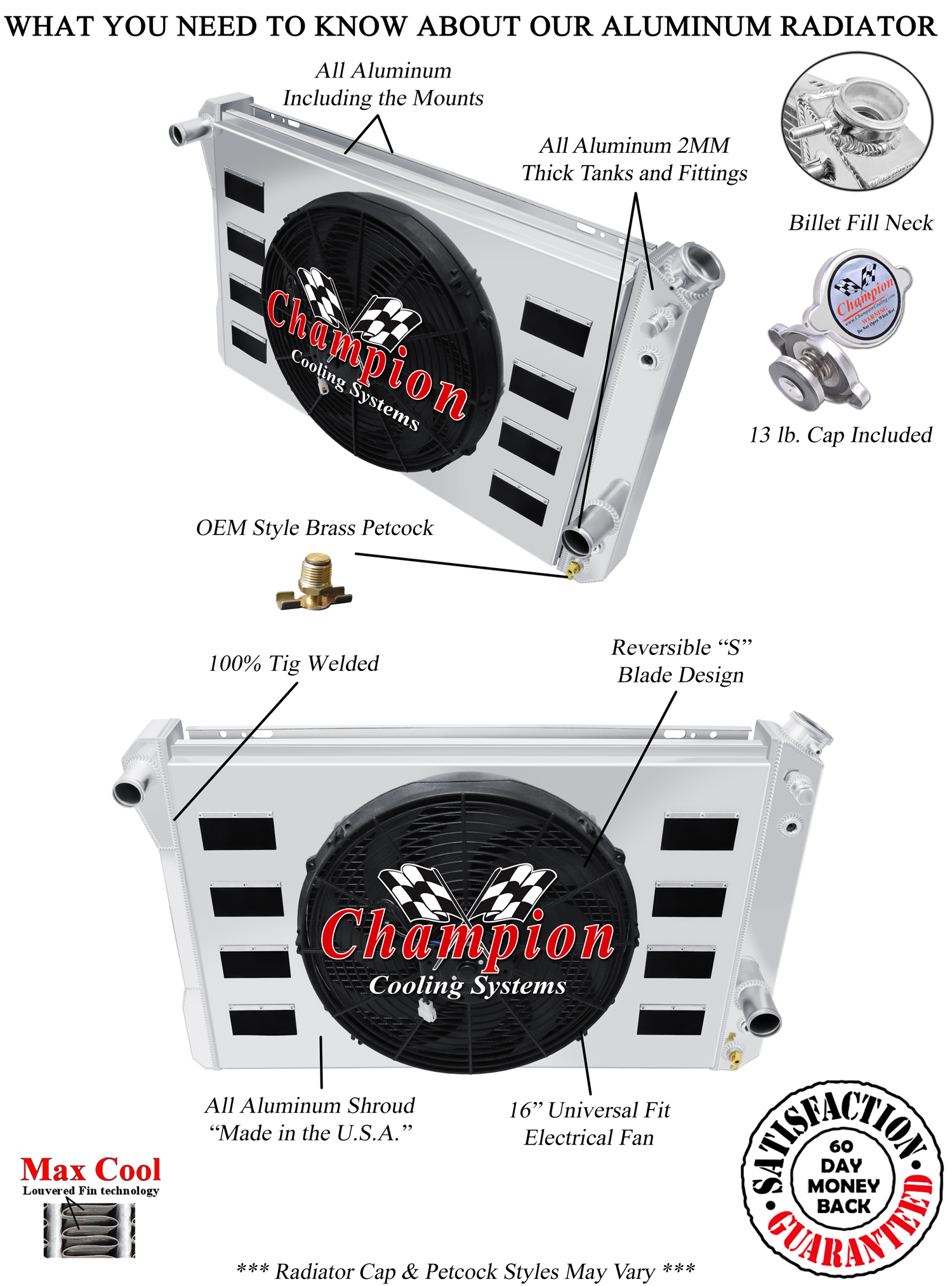 RS 2 Row 1" Radiator W/ 16" Fan and Shroud with Flaps for 1982 - 1992 Camaro