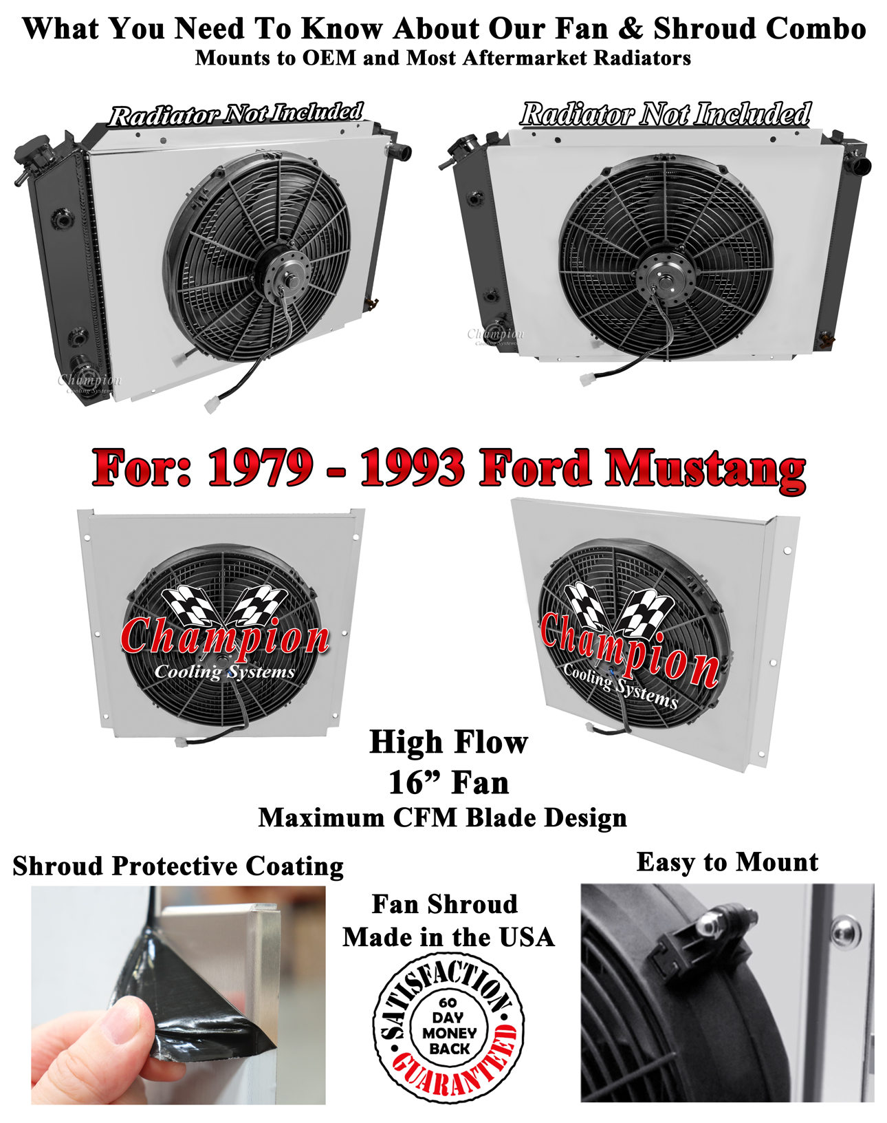 Rockin Champion All Aluminum Fan Shroud W/ 16" Fan for 1979 - 1993 Ford Mustang